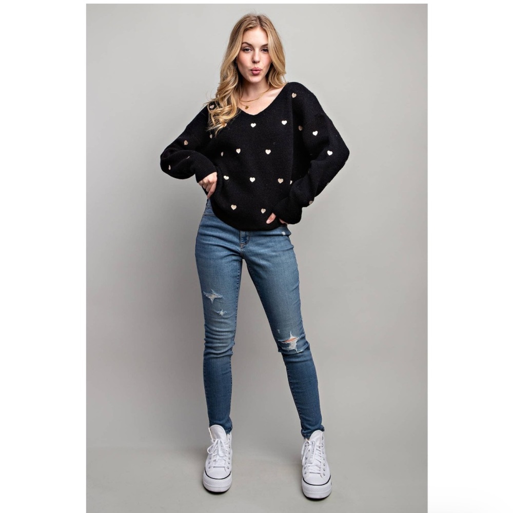 SWEET GENERIS Heart Pattern Knit Sweater: Black, S/M